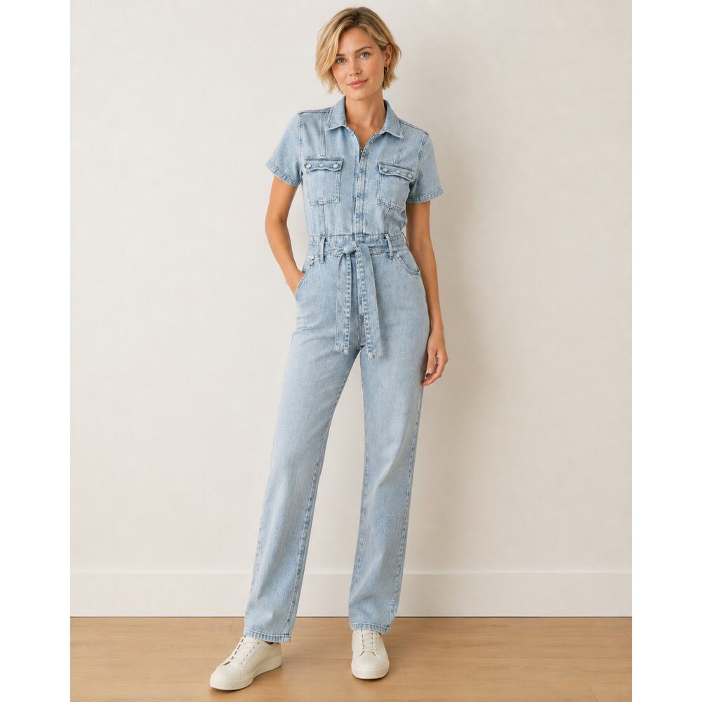 Good American Fit For Success Denim Jumpsuit Light Wash Belted Size 3